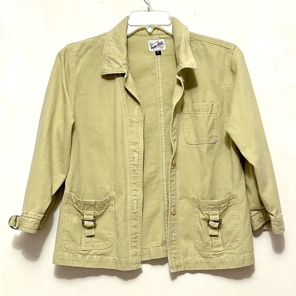 True Grit Khaki Cream Tan Denim Jean Button Up Jacket Coat S
